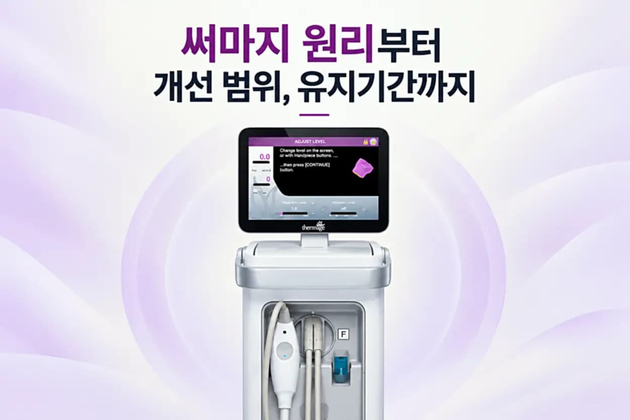써마지 팁이 피부에 닿아 진피 콜라겐이 고주파 열로 수축하고 재생되는 과정을 담은 써마지 원리 썸네일