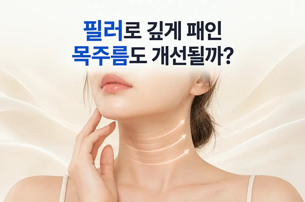 필러로 깊게 패인 목주름도 개선될까 가로 목주름이 보이는 여성의 목과 턱선 이미지, 목주름 필러 시술 효과 안내