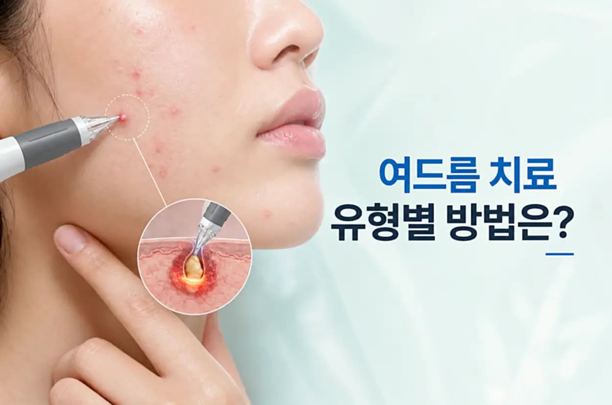 볼 피부 여드름에 닿는 절연침 핸드피스와 모공 속 피지선 염증 단면을 조합한 여드름 치료 썸네일