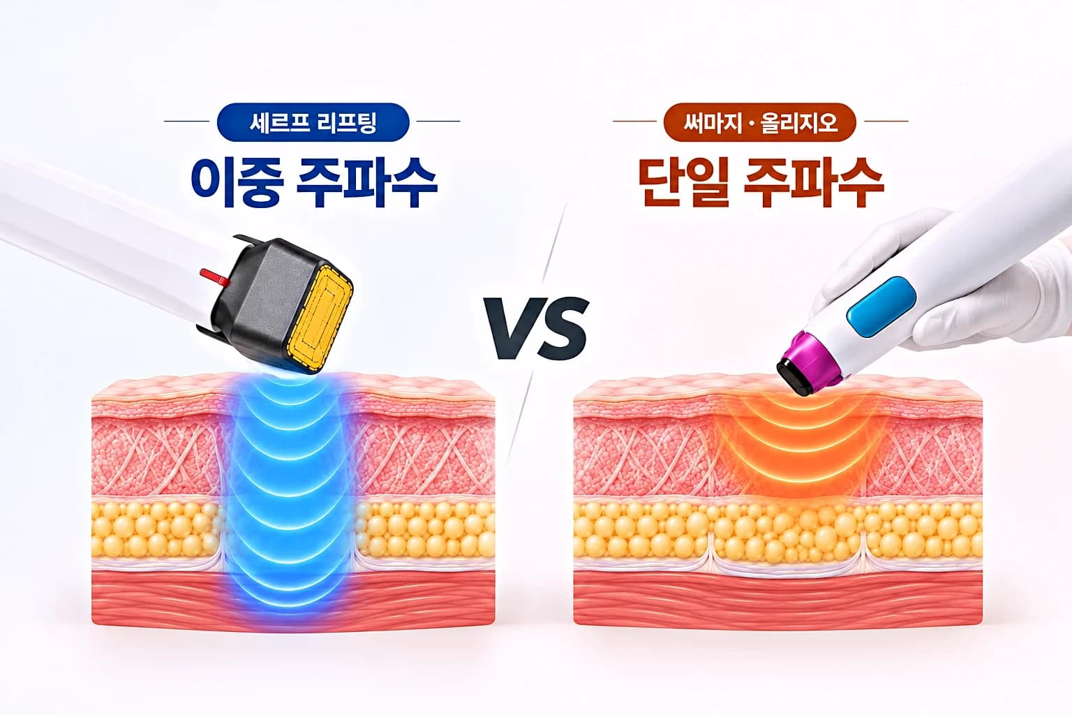 세르프 리프팅과 써마지 고주파 핸드피스 팁과 주파수에 따른 작용 깊이 차이를 비교한 썸네일