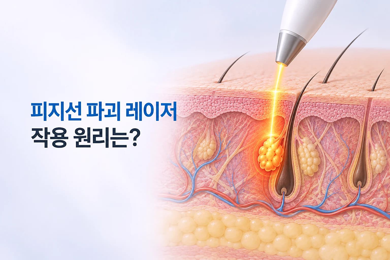 미세절연침 핸드피스가 진피 속 피지선에 고주파 열을 전달하는 피지선 파괴 레이저 원리 썸네일