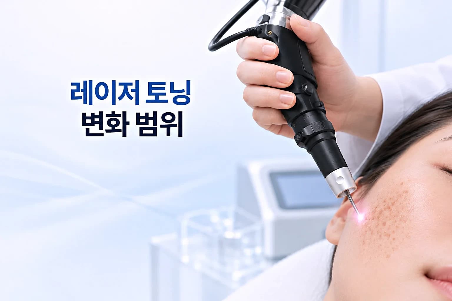 레이저 토닝 핸드피스와 색소 침착 피부 확대 컷으로 전후 피부톤 변화 범위를 담은 썸네일