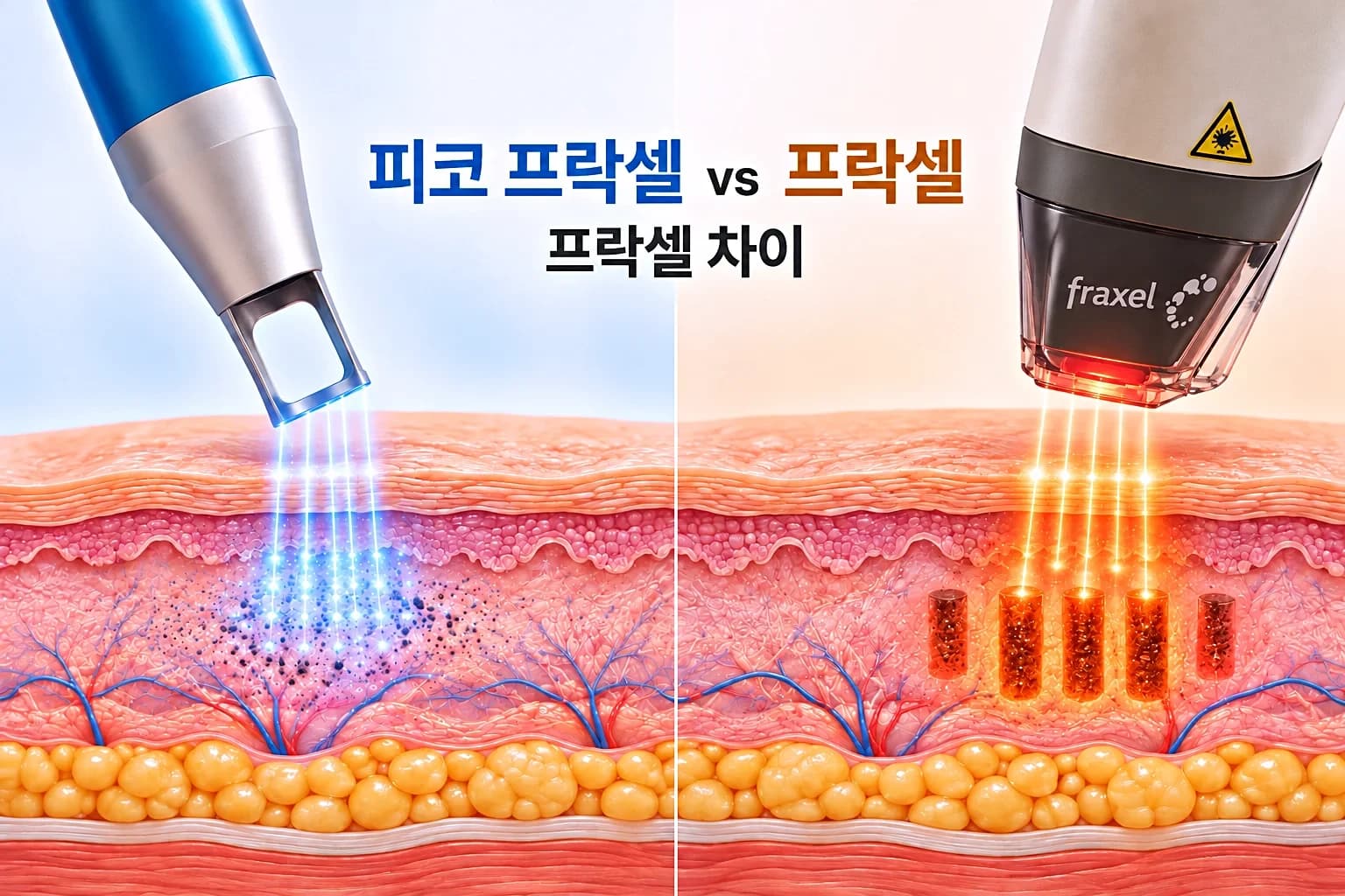 피코 프락셀과 프락셀 핸드피스를 나란히 두고 모공 피부결 에너지 전달 방식을 비교한 썸네일
